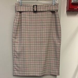 Classic Plaid Pencil Skirt with Belt - Pink/Black
